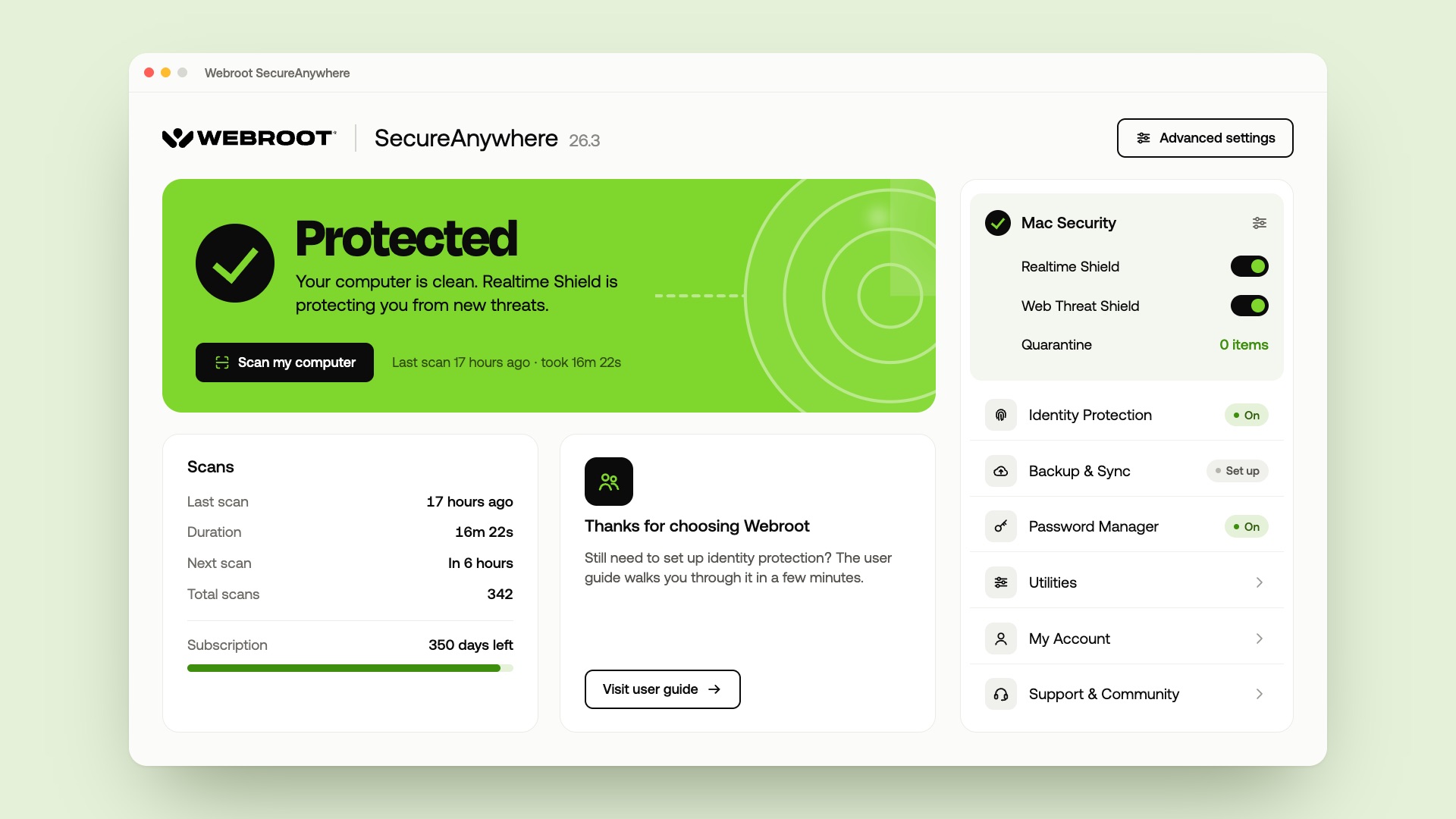 Webroot SecureAnywhere app screen showing Protected