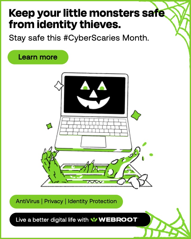 Cyber Scaries banner: a jack-o’-lantern laptop and monster hands
