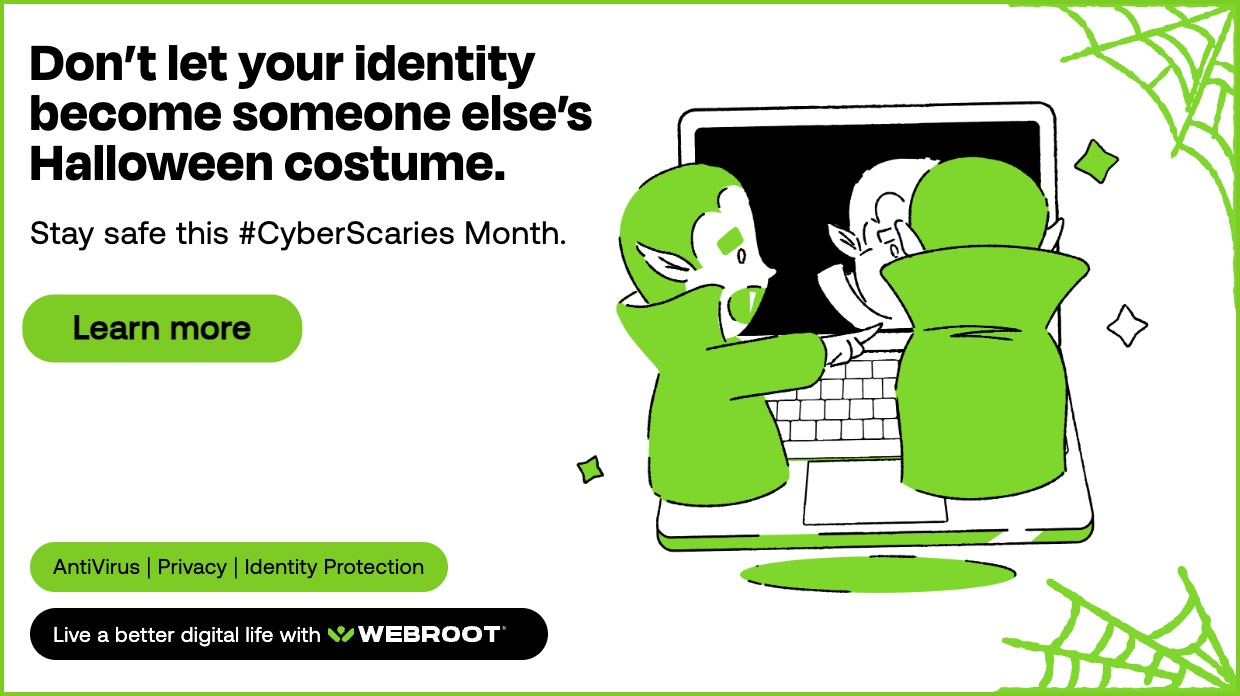 Cyber Scaries banner: an identity thief in a costume at a laptop