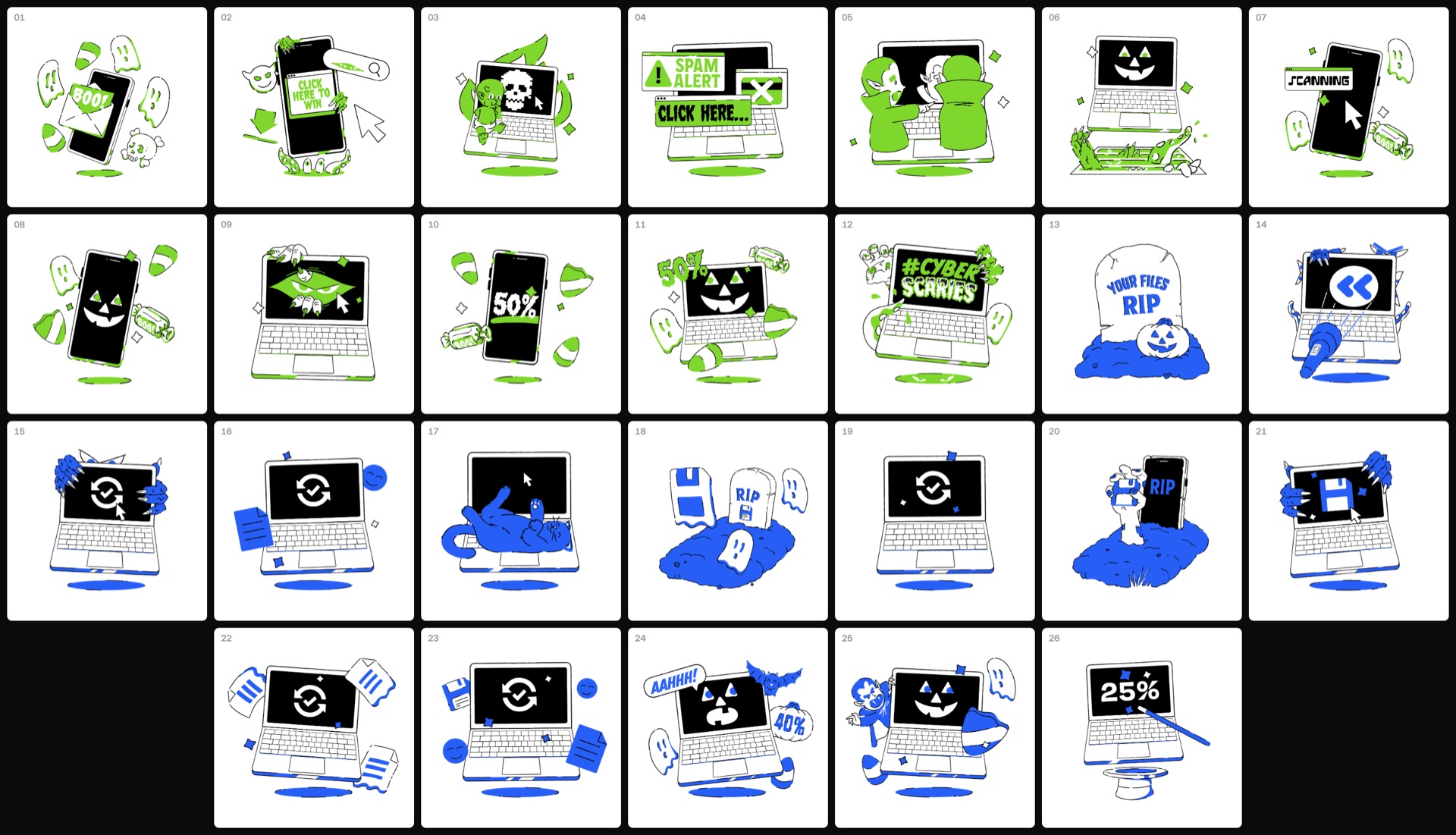 Grid of Cyber Scaries laptop and phone monster illustrations