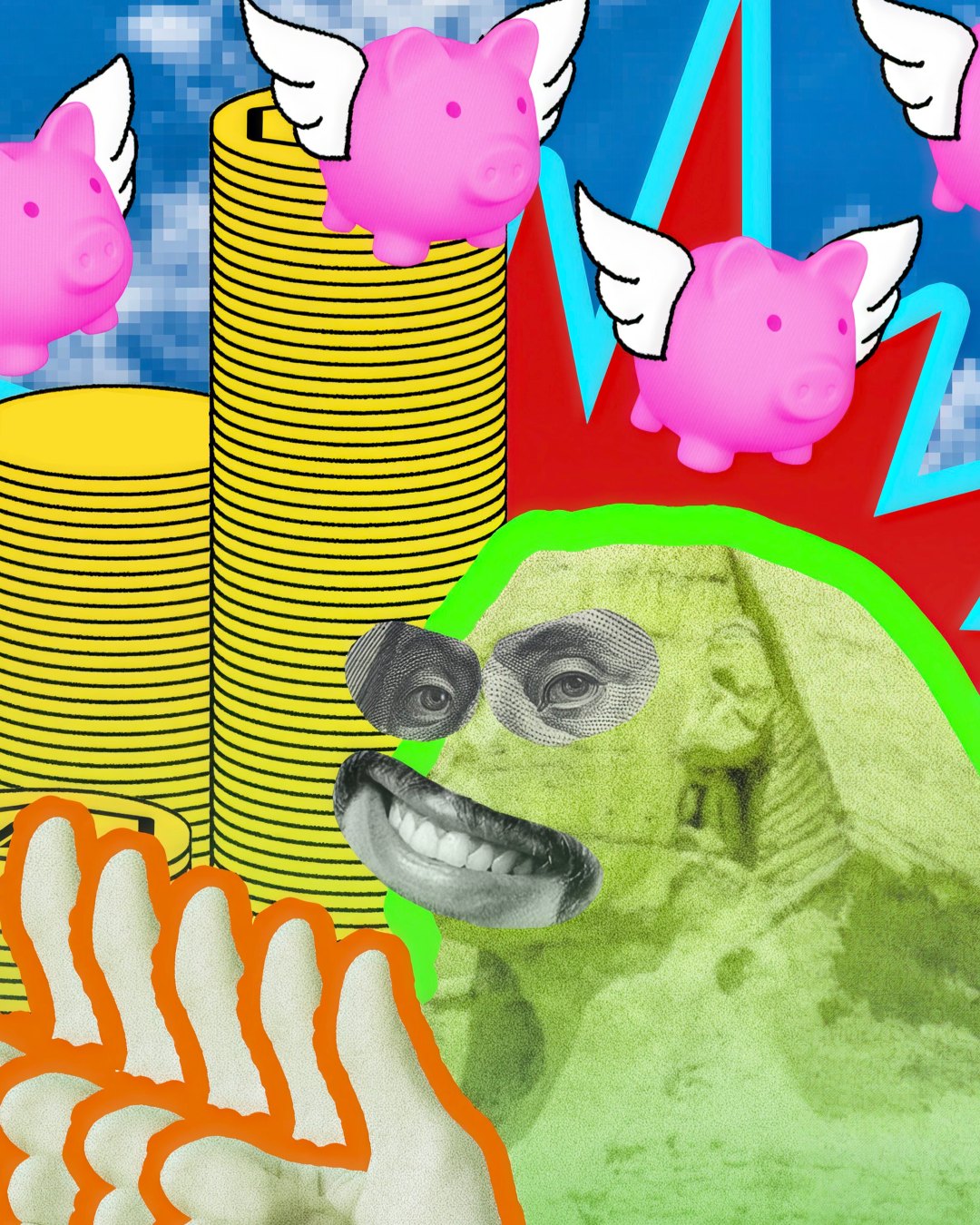 Collage: winged pink piggy banks flying past stacks of gold coins over a pixel sky, a sphinx with a grinning cut-out face, and a hand reaching up.