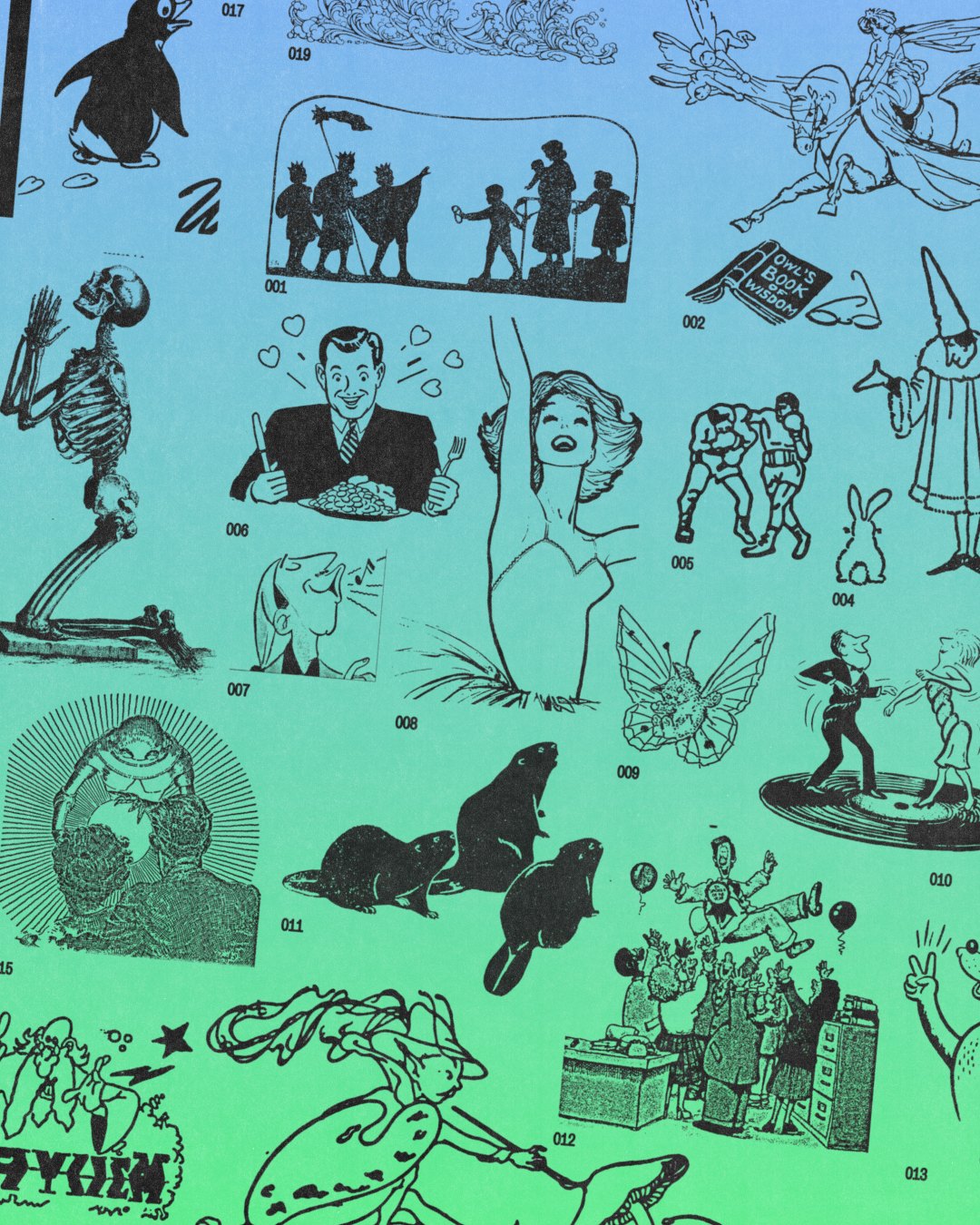 A numbered sheet of vintage clip-art illustrations, from a penguin to a skeleton to a dancing couple, printed in black on a blue-to-green gradient.
